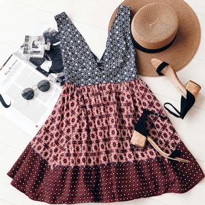 Navy Blue and Red Floral Print Dress